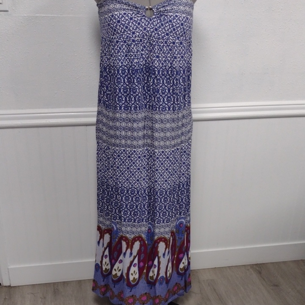 Lani Blue and Purple 100%Viscose Maxi Dress Strapless. Beach, Vacation.